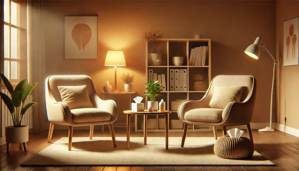 Natural Ways to Support Mental Wellness: Can Therapy Help with Anxiety and Depression When Paired with Holistic Remedies? 2 A cozy therapy setting with a warm-toned room and two chairs, emphasizing mental health support.