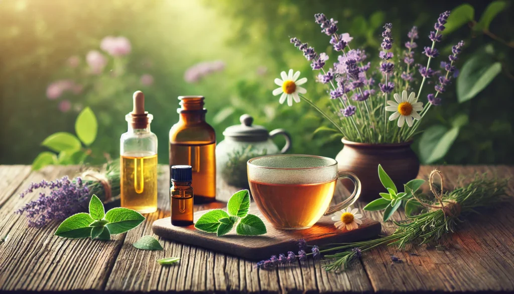 Natural Ways to Support Mental Wellness: Can Therapy Help with Anxiety and Depression When Paired with Holistic Remedies? 3 Herbal tea and essential oils on a wooden table with greenery in the background, representing natural remedies for emotional balance.