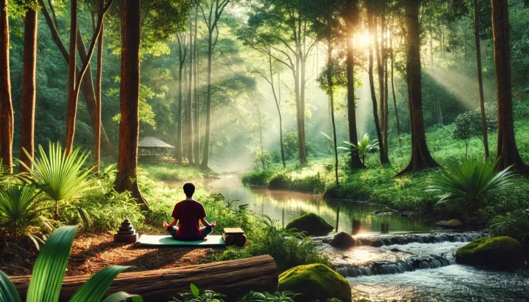 Person meditating near a tranquil forest stream surrounded by lush greenery and soft morning light, representing mindfulness for anxiety relief.