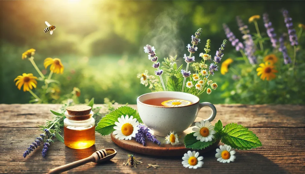 Natural Ways to Support GAD Treatment: How Herbal Remedies May Complement Therapy for Generalized Anxiety Disorder 1 A serene outdoor herbal tea scene featuring chamomile, lavender, and lemon balm herbs beside a steaming cup, symbolizing natural calming remedies.