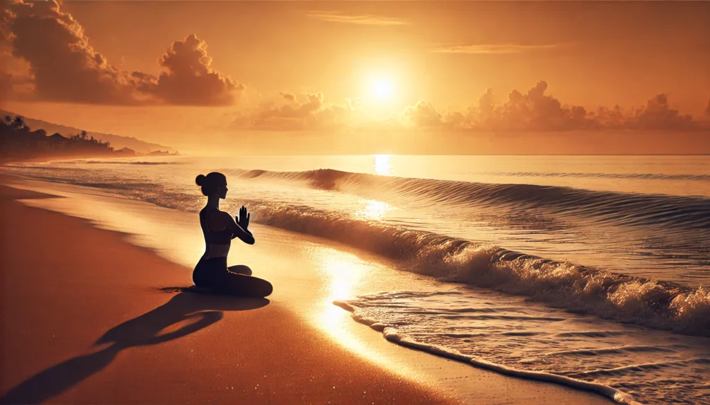 Natural Ways to Support GAD Treatment: How Herbal Remedies May Complement Therapy for Generalized Anxiety Disorder 2 Individual practicing yoga at sunrise on a peaceful beach with waves in the background, illustrating movement and breathwork for stress reduction.