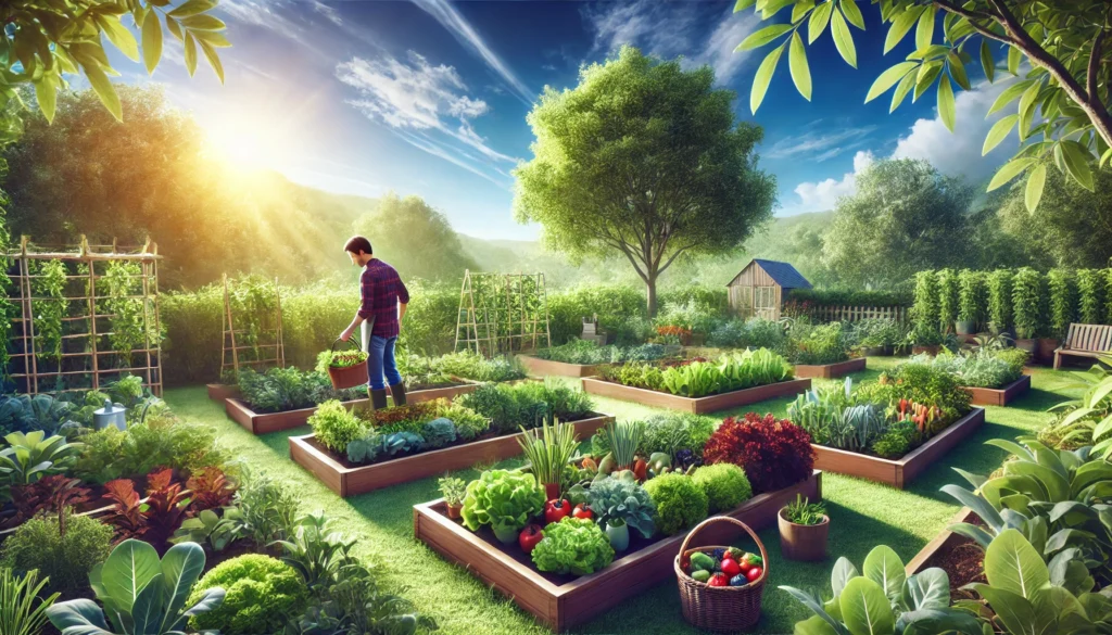 Natural Ways to Support GAD Treatment: How Herbal Remedies May Complement Therapy for Generalized Anxiety Disorder 3 Person harvesting leafy greens and berries in a thriving vegetable and fruit garden under sunny skies, conveying nutrition and connection to nature.