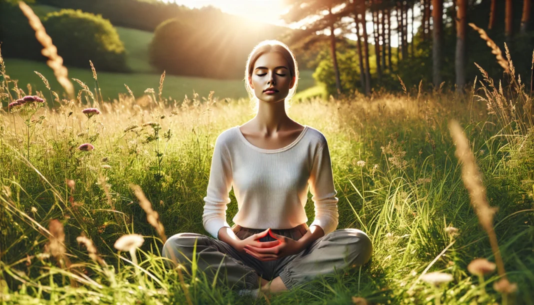 A young woman sits cross-legged in a sunlit meadow, eyes closed, practicing deep breathing as warm light filters through the trees—symbolizing peace and emotional relief during anxiety.