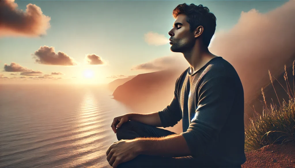 How Breathing Exercises for Panic Attacks Can Calm Anxiety: Proven Techniques and Holistic Remedies 1 A man sits alone on a cliff at sunrise, calmly breathing in solitude with the ocean and sky stretching beyond—illustrating clarity and serenity through breathwork in nature.