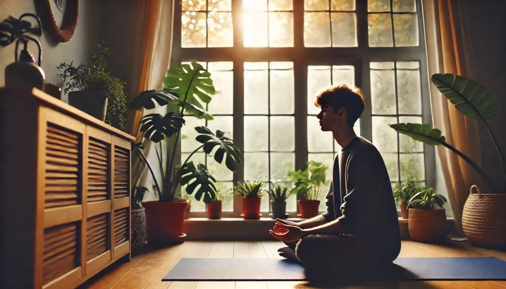 How Breathing Exercises for Panic Attacks Can Calm Anxiety: Proven Techniques and Holistic Remedies 2 A cozy indoor scene with a person meditating near a sunlit window, surrounded by houseplants and warm tones—evoking the comfort and grounding power of breathing exercises at home.