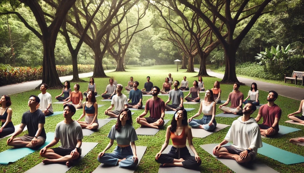 How Breathing Exercises for Panic Attacks Can Calm Anxiety: Proven Techniques and Holistic Remedies 3 A diverse group of people sit in a circle on yoga mats in a tranquil park, eyes closed and breathing in unison—depicting the collective calm and healing potential of guided breathwork.