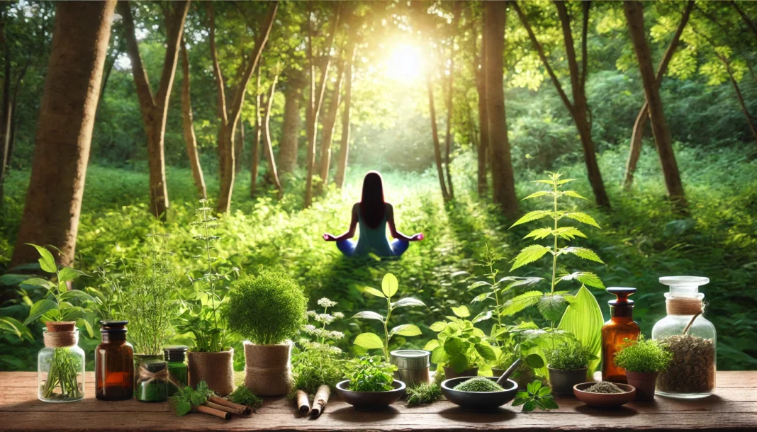 A woman meditates peacefully in a sun-dappled forest, surrounded by green herbs and medicinal plants, representing natural stress relief through herbal sources.