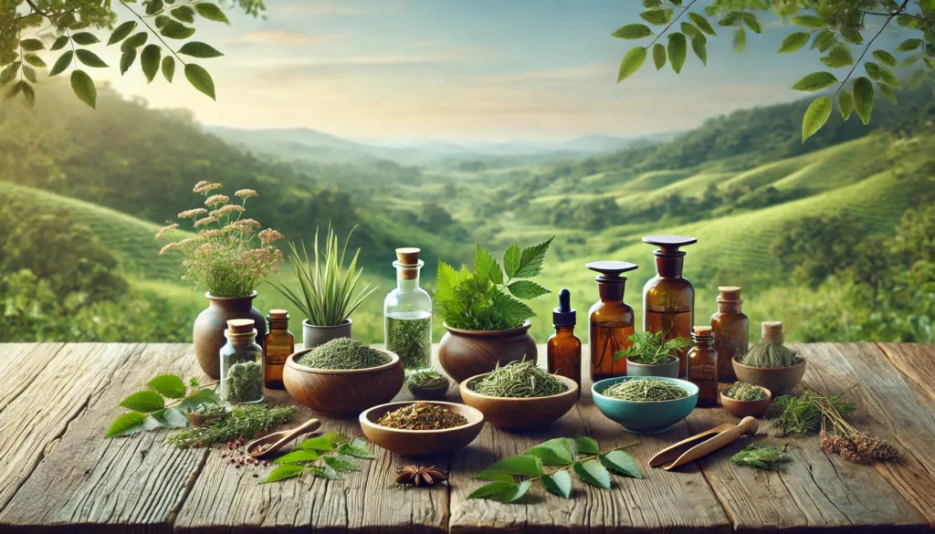 An outdoor herbal apothecary setup with bowls of dried herbs, fresh leaves, and glass tincture bottles on a rustic wooden table, reflecting nature-based calm remedies.
