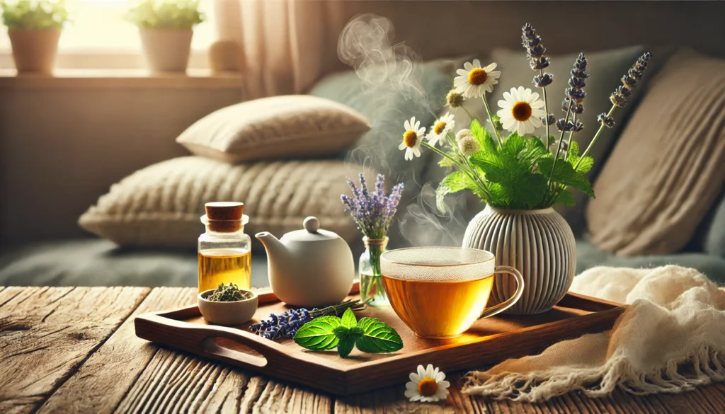 Can Calm Medication from Herbal Sources Help Manage Stress Naturally? What Science and Experts Say 2 A cozy home corner with a steaming cup of herbal tea and a small vase of chamomile, lavender, and mint, symbolizing relaxation through natural herbal solutions.