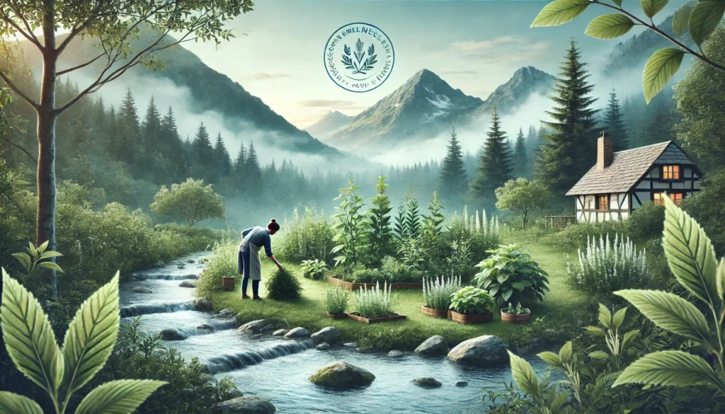 Can Calm Medication from Herbal Sources Help Manage Stress Naturally? What Science and Experts Say 3 A tranquil mountain retreat with a herbal garden and a person gently harvesting plants like lemon balm near a stream, illustrating holistic wellness through nature.