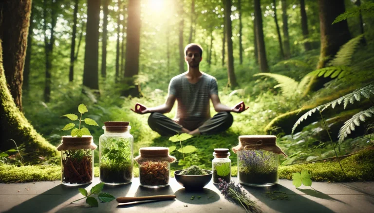 An adult meditating in a serene forest with herbal supplements like chamomile and lavender nearby, symbolizing natural anxiety relief and mental wellness through mindfulness and holistic support.