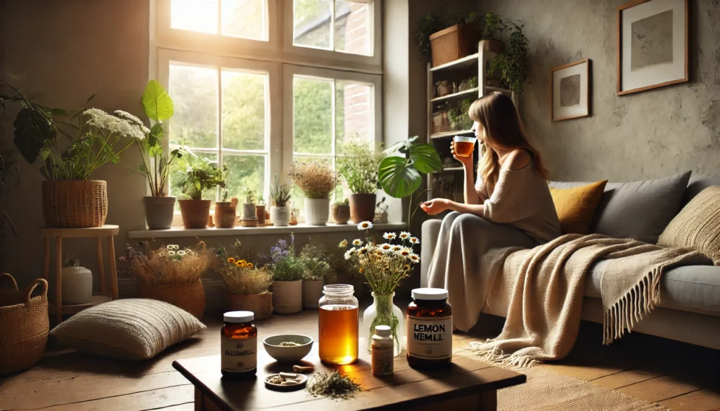 Coping Skills for Anxiety: How Holistic Supplements and Herbal Remedies Can Support Adult Mental Wellness 1 A cozy living room scene with an adult sipping herbal tea beside natural sunlight, surrounded by herbal remedies and supplements promoting calm and emotional balance.