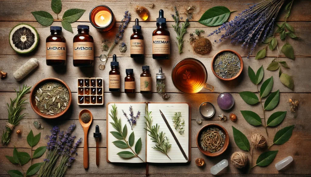 Coping Skills for Anxiety: How Holistic Supplements and Herbal Remedies Can Support Adult Mental Wellness 2 A flat lay of holistic anxiety relief tools on a wooden surface, including herbal tea, fresh herbs, supplement bottles, and a mindfulness journal, conveying natural wellness and relaxation.