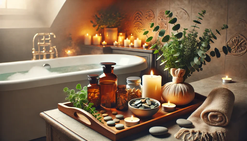 Coping Skills for Anxiety: How Holistic Supplements and Herbal Remedies Can Support Adult Mental Wellness 3 A spa-inspired bathroom with steam rising from a herbal-infused bath, surrounded by eucalyptus, candles, and supplements, representing calming rituals and herbal anxiety support.
