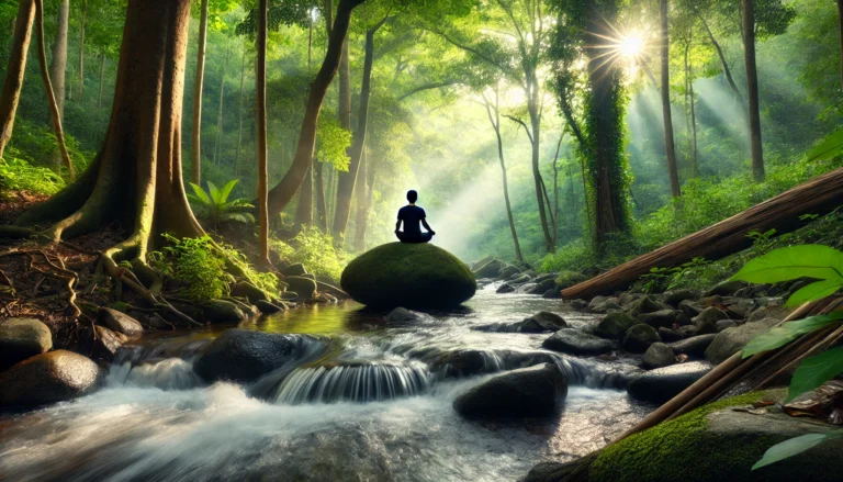 A person meditating peacefully on a large rock beside a forest stream, surrounded by lush green trees and soft sunlight, symbolizing mindfulness and nature-based therapy for depression.