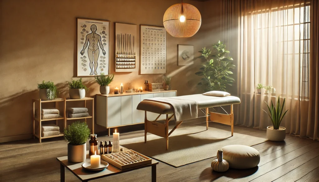 Alternative Therapies for Depression: How Herbal Remedies and Holistic Supplements May Support Mild to Severe Depression Treatment 1 A tranquil wellness room featuring a massage table, incense, essential oils, and calming natural decor, representing a serene space for alternative therapies like acupuncture and aromatherapy for depression.