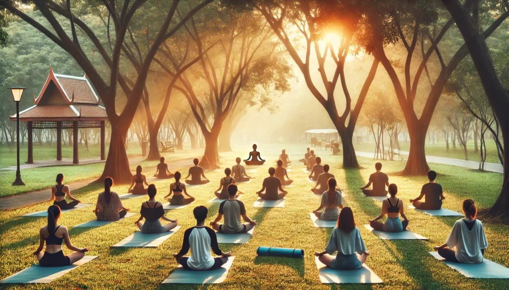 Alternative Therapies for Depression: How Herbal Remedies and Holistic Supplements May Support Mild to Severe Depression Treatment 2 A small group practicing yoga on mats in a peaceful park at sunrise, surrounded by trees and golden light, illustrating movement therapy such as yoga for managing depression.