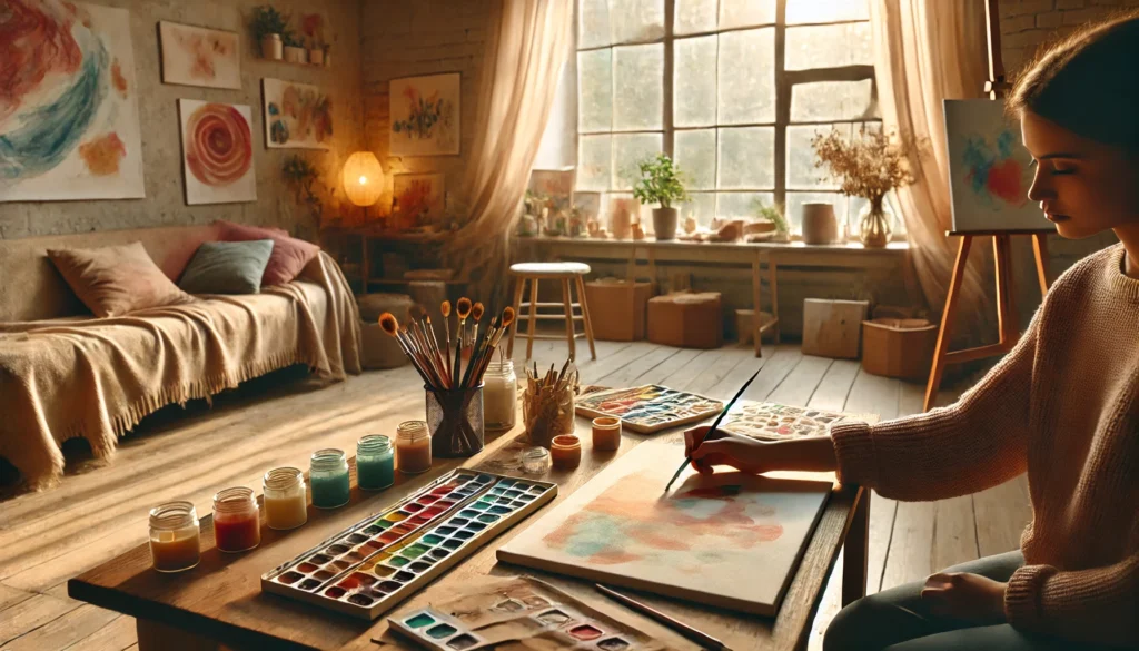 Alternative Therapies for Depression: How Herbal Remedies and Holistic Supplements May Support Mild to Severe Depression Treatment 3 cozy, sunlit art room with a person painting at a canvas, surrounded by creative tools and warm tones, depicting art therapy as a form of emotional expression and treatment for depression.