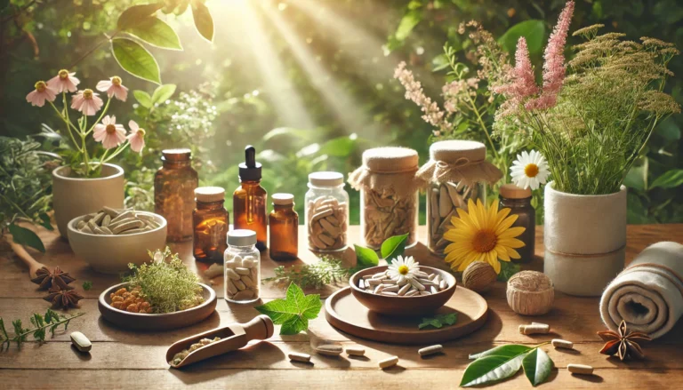 Wooden table with calming herbal supplements like ashwagandha, valerian root, and chamomile, surrounded by lush greenery and warm sunlight in a peaceful natural setting.