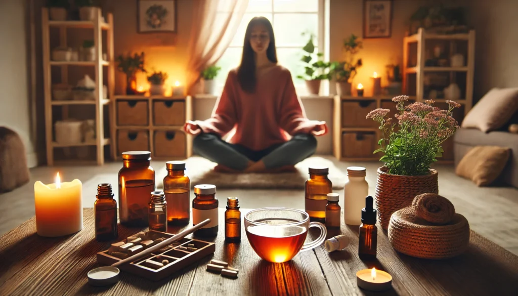 Best Supplements for Anxiety Disorder: How Holistic Remedies and Calming Vitamins for Adults May Help Support Mental Wellness Naturally 1 Cozy indoor space with a person meditating, surrounded by calming supplements, essential oils, and herbal tea, creating a serene and holistic wellness atmosphere.