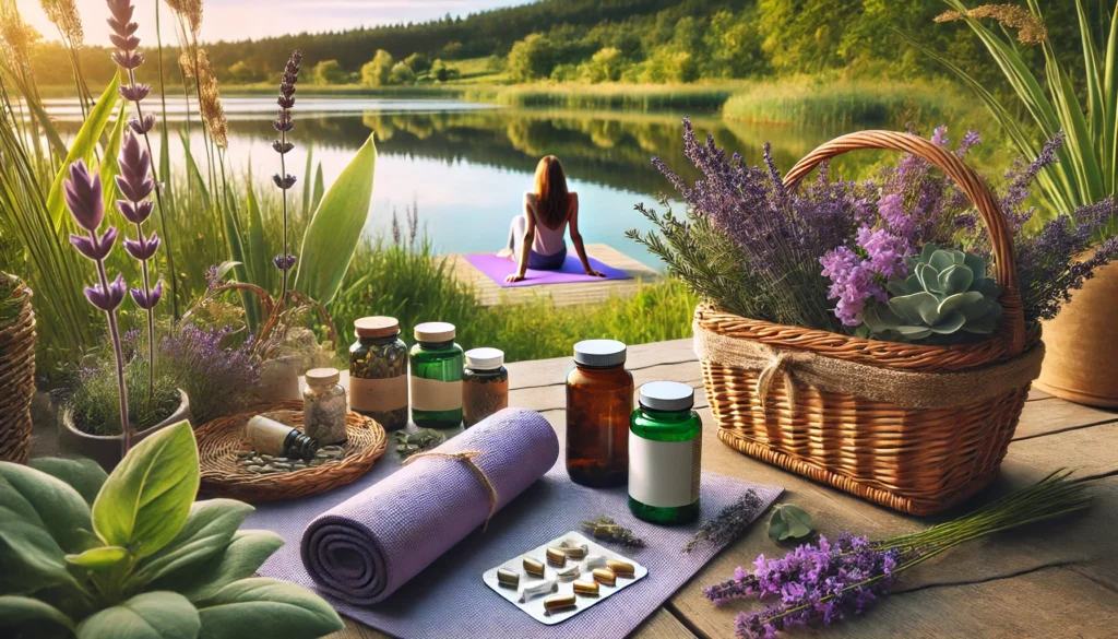 Best Supplements for Anxiety Disorder: How Holistic Remedies and Calming Vitamins for Adults May Help Support Mental Wellness Naturally 2 Peaceful lakeside scene with a person relaxing on a yoga mat, lavender flowers, greenery, and a basket of natural vitamins for anxiety relief in a tranquil outdoor setting.