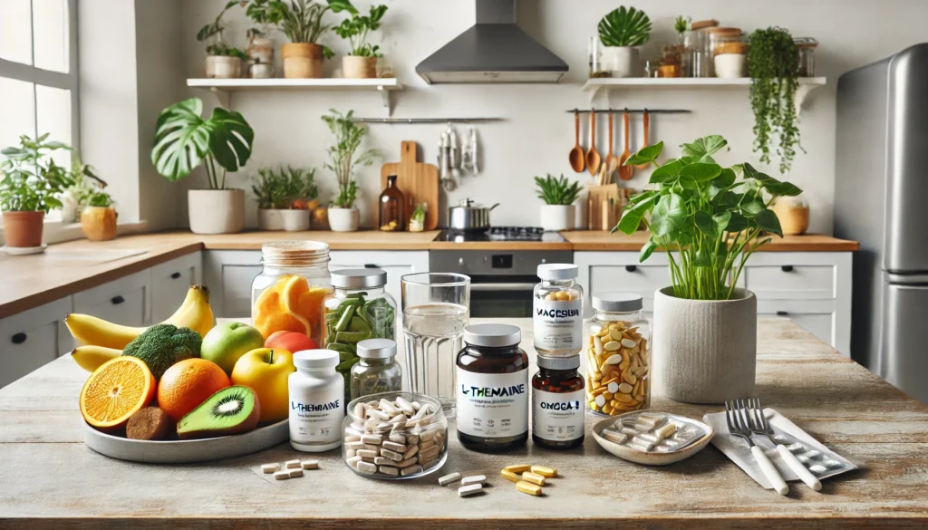 Best Supplements for Anxiety Disorder: How Holistic Remedies and Calming Vitamins for Adults May Help Support Mental Wellness Naturally 3 Bright modern kitchen countertop with natural supplements including omega-3, magnesium, and L-theanine, alongside fresh fruit, water, and indoor plants promoting a healthy lifestyle.