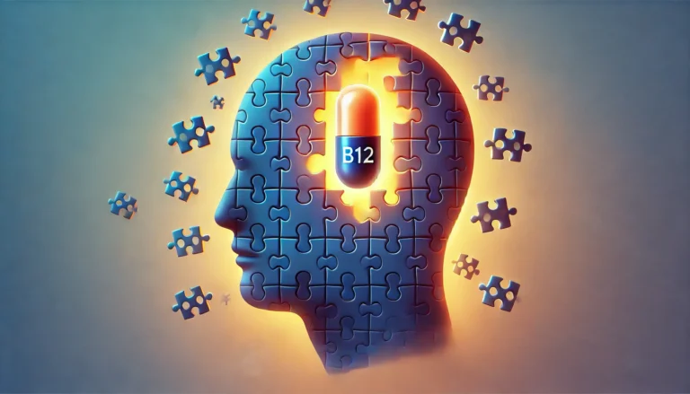A human head silhouette made of puzzle pieces with a glowing vitamin B12 capsule in the brain area, symbolizing the connection between B12 and mental clarity