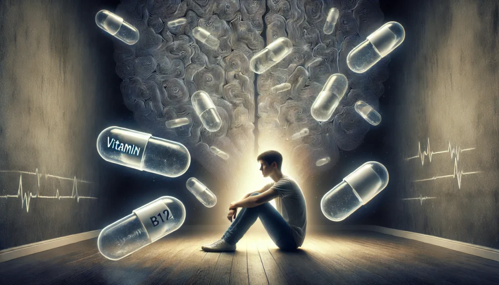 Can Vitamin B12 Cause Anxiety? Understanding the Link Between B Vitamin Deficiency and Mental Wellness 2 A young adult sitting in a dimly lit room, surrounded by glowing floating vitamin B12 capsules, representing anxiety linked to B12 deficiency.