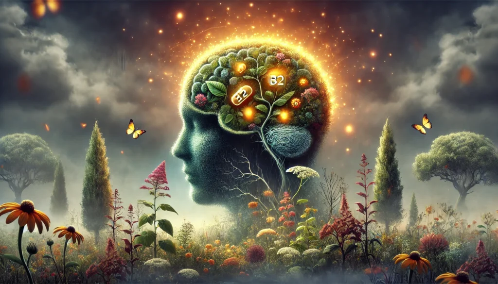 A surreal brain-shaped garden with glowing B12-shaped plants in one area and withered ones in another, symbolizing mental wellness versus deficiency.