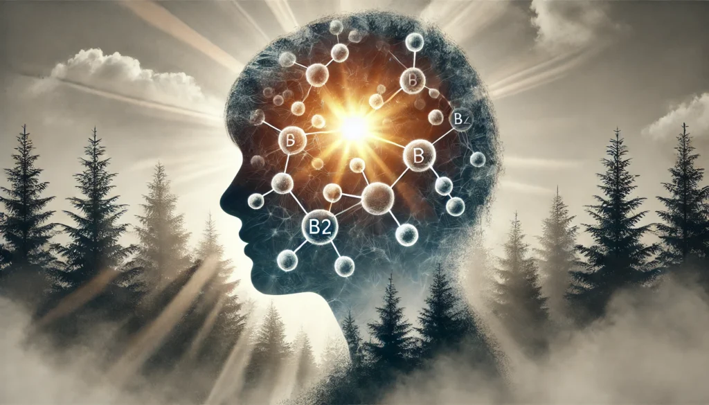Can Vitamin B12 Cause Anxiety? Understanding the Link Between B Vitamin Deficiency and Mental Wellness 3 A double exposure of a person’s profile with a foggy forest inside and glowing B12 molecules, portraying anxiety fading into clarity.