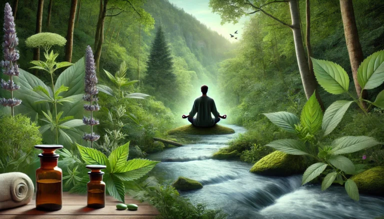 A person meditating peacefully by a forest river surrounded by lush green herbs, symbolizing holistic anxiety relief through nature.