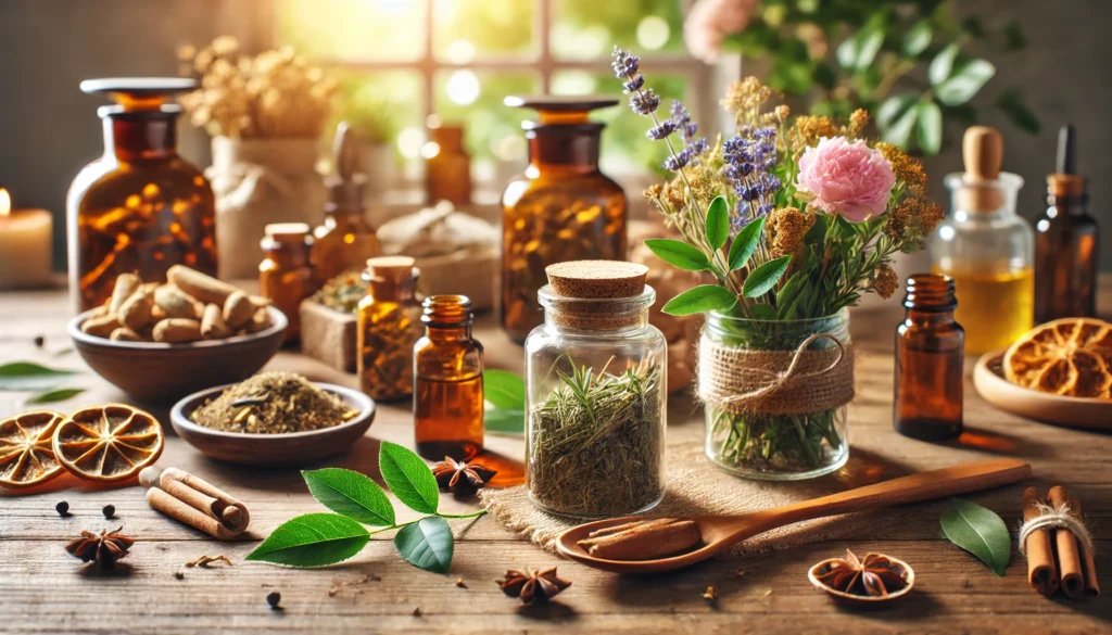 Natural herbal supplements, roots, and dried botanicals on a wooden table bathed in soft natural light, representing plant-based alternatives for anxiety treatment.