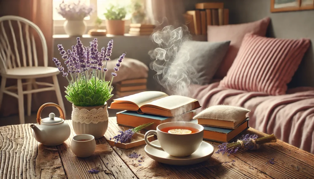 Exploring Buspirone Alternatives: Can Herbal Remedies Support Anxiety Relief When Medication for Panic Attacks Isn’t Enough? 2 A calming home wellness scene with herbal tea, lavender, books, and soft textures, conveying self-care and natural methods for managing anxiety.