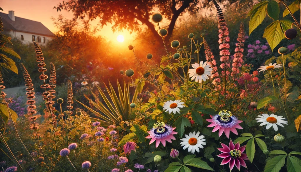 Exploring Buspirone Alternatives: Can Herbal Remedies Support Anxiety Relief When Medication for Panic Attacks Isn’t Enough? 3 Medicinal herbs like chamomile, valerian, and ashwagandha blooming in a sunset-lit botanical garden, highlighting nature’s role in emotional well-being.