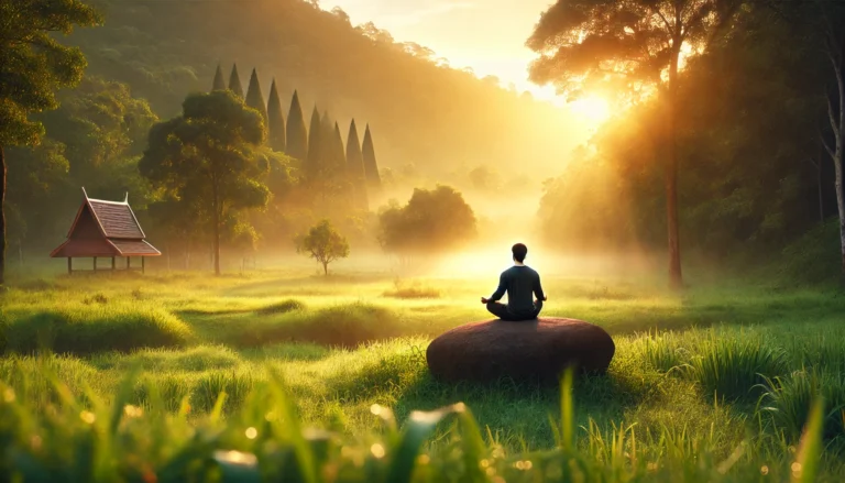 Peaceful sunrise over a green meadow with a person meditating on a rock, surrounded by nature and soft mist, symbolizing natural calm and mental clarity.