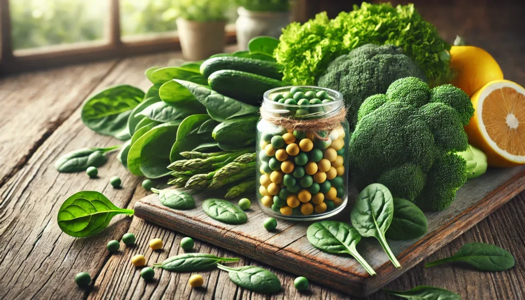 Folic Acid Anxiety Connection: Can Folinic Acid Help Support Calm and Mental Wellness Naturally? 2 Close-up of fresh green leafy vegetables like spinach, kale, and broccoli on a wooden table with a jar of folinic acid supplements, representing natural sources of mental wellness support.