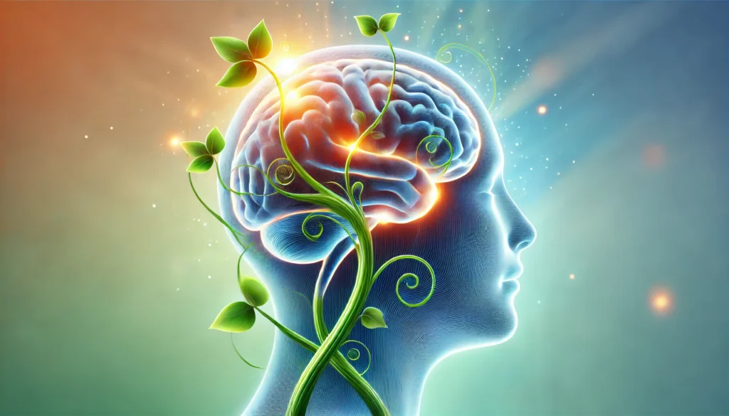 Folic Acid Anxiety Connection: Can Folinic Acid Help Support Calm and Mental Wellness Naturally? 1 Stylized glowing human brain gently wrapped in green vines, set against a calming blue and green background, symbolizing folinic acid’s natural role in supporting mental wellness.