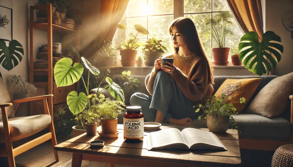 Folic Acid Anxiety Connection: Can Folinic Acid Help Support Calm and Mental Wellness Naturally? 3 Young woman relaxing with herbal tea in a sunlit room filled with plants, with a folinic acid bottle and a wellness book nearby, portraying daily calm and mental balance through natural support.