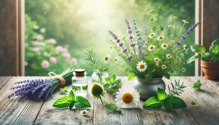 A serene still life of calming herbs like chamomile, lavender, and lemon balm arranged on a rustic wooden table with soft daylight filtering through a window.
