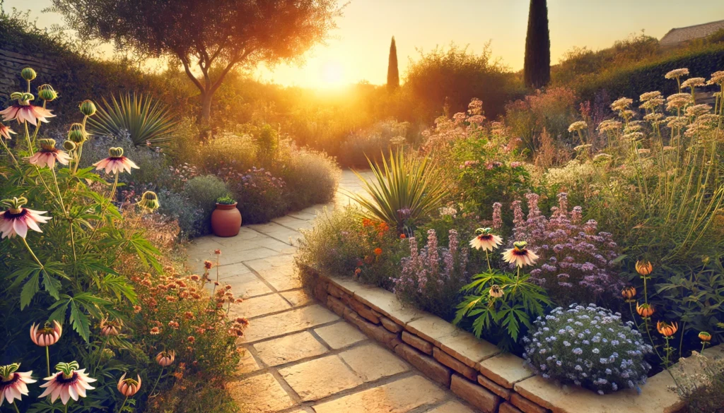 Herbs to Calm the Nervous System: Natural Remedies That May Help Support Mental Wellness and Stress Relief 1 A tranquil garden at sunset with passionflower, skullcap, and valerian herbs flourishing along a peaceful stone path in warm golden light.