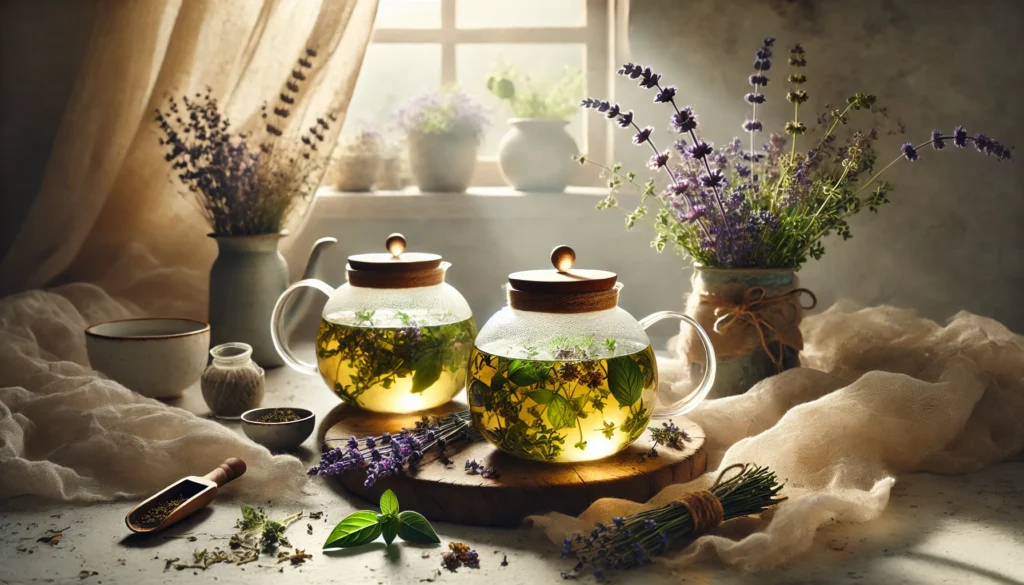 Herbs to Calm the Nervous System: Natural Remedies That May Help Support Mental Wellness and Stress Relief 2 A cozy tea preparation scene with fresh lavender, chamomile, and holy basil steeping in glass teapots on a wooden counter bathed in morning light.