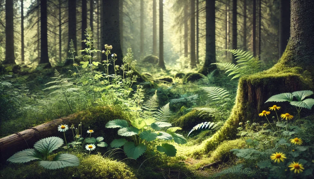 Herbs to Calm the Nervous System: Natural Remedies That May Help Support Mental Wellness and Stress Relief 3 A peaceful forest clearing with wild herbs including St. John's Wort, lemon balm, and chamomile growing among moss and ferns in dappled sunlight.