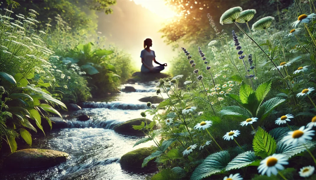 Peaceful natural setting with a person meditating beside a stream, surrounded by chamomile and lavender, symbolizing calmness through nature.