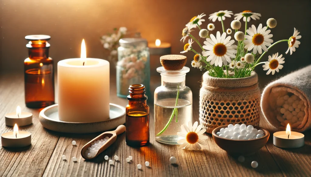 Homeopathic Solutions for Anxiety: Can Natural Remedies Offer Effective Support for Mental Wellness? 1 Wooden table with homeopathic remedy bottles, chamomile flowers, and a calming candle, depicting natural support for anxiety relief.