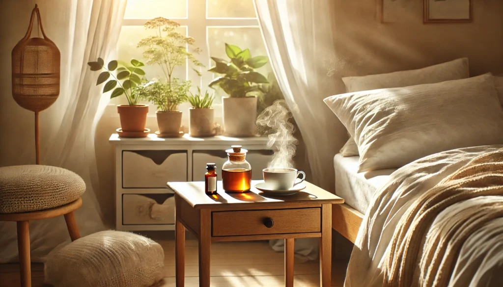 Homeopathic Solutions for Anxiety: Can Natural Remedies Offer Effective Support for Mental Wellness? 2 Serene bedroom with soft sunlight and a bedside table holding herbal tea and a homeopathic bottle, creating a tranquil healing space.