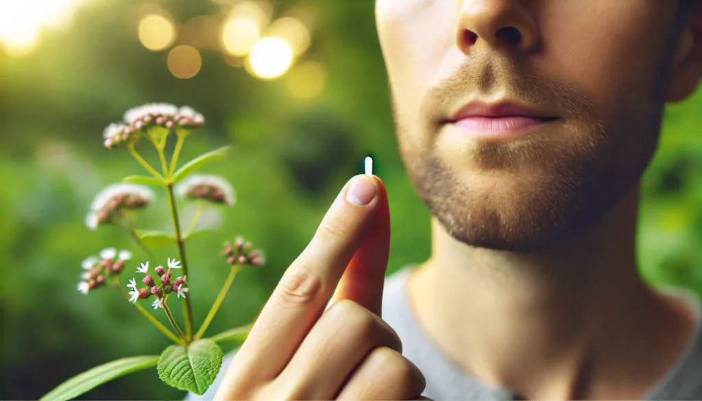 Homeopathic Solutions for Anxiety: Can Natural Remedies Offer Effective Support for Mental Wellness? 3 Close-up of a person taking a tiny homeopathic pill with a soft natural background, illustrating the personal use of gentle remedies for anxiety.