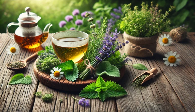 A soothing natural scene with chamomile, lavender, and lemon balm arranged on a rustic wooden table next to a teacup, symbolizing natural mood support.