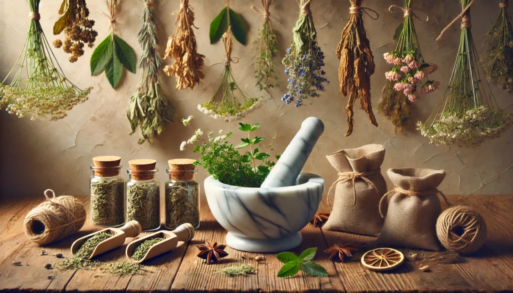 Exploring Natural SSRI Alternatives: Herbal Remedies for Anxiety and Mood Support 2 Dried herbs like valerian root, skullcap, and St. John’s wort hanging above a mortar and pestle, highlighting traditional anxiety remedies.