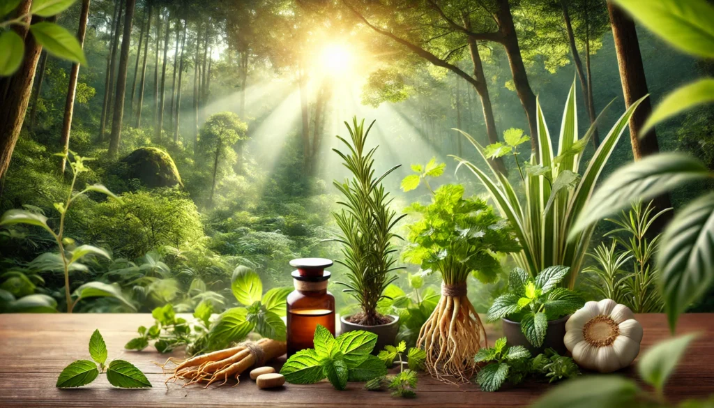 Exploring Natural SSRI Alternatives: Herbal Remedies for Anxiety and Mood Support 3 A tranquil garden with rosemary, ginseng, and peppermint growing in sunlight, symbolizing nature’s role in supporting emotional balance and calm.