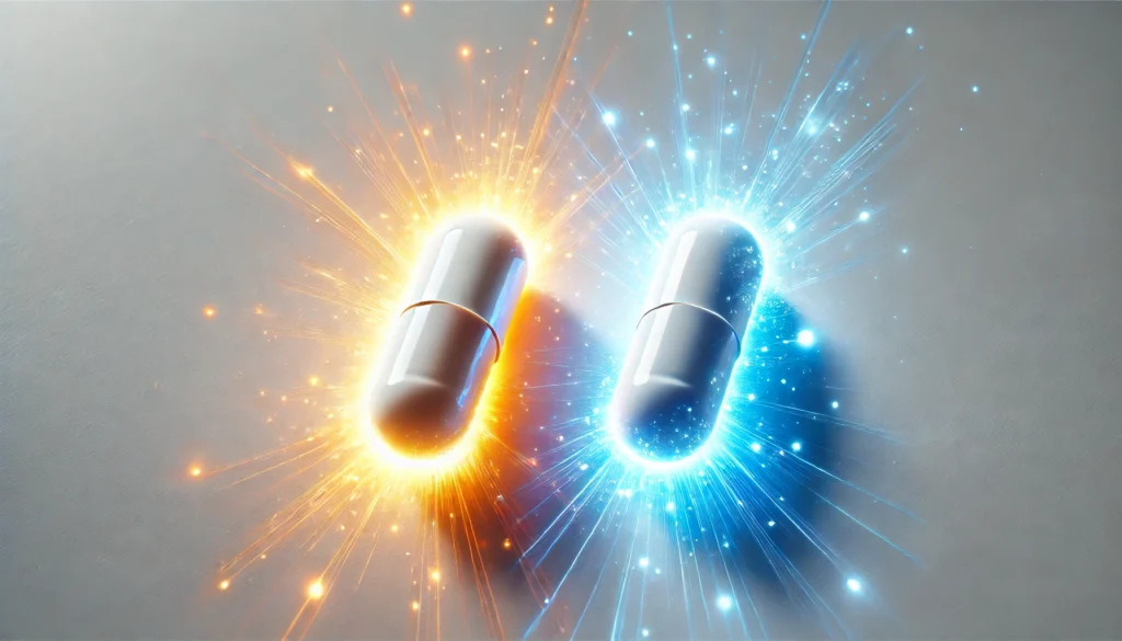 Can You Take Adderall with Zoloft or Lexapro? Exploring Safety, Side Effects, and Herbal Alternatives 2 A close-up image of two capsules with glowing auras—one energetic, one soothing—illustrating the opposing pharmacological effects in the body.